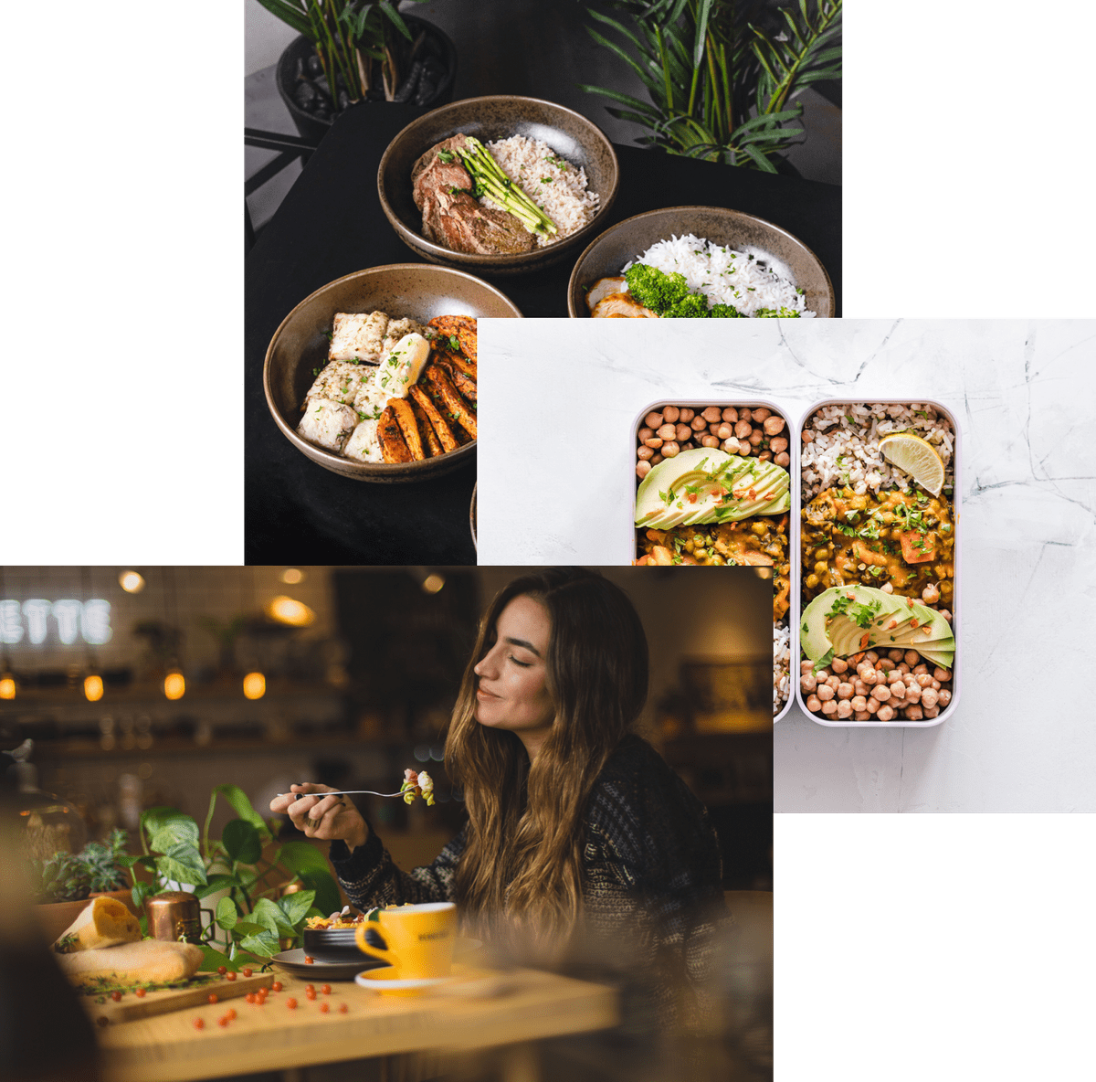 Woman enjoying food, meals in storage container & food bowls on a table
